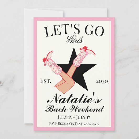 レッツゴーガールズ女性のカーボーイバチェロレッテの日程 招待状 (正面)