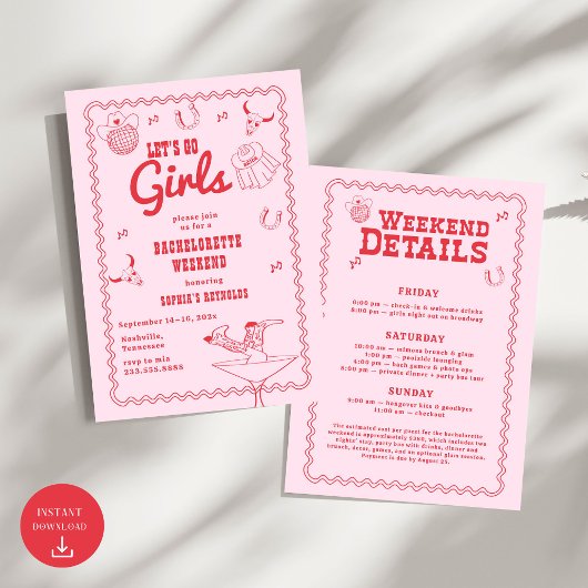 レッツゴーガールズ女性のカーボーイピンク&レッドバチェロレッテ 招待状