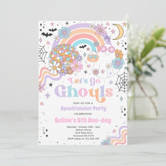レッツゴーグルハロウィンキュートピンク幽霊誕生日 招待状 (スタンド正面)