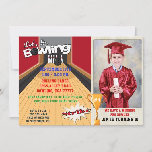 レッツゴーレッドボーイズボーリング誕生日写真招待状 招待状 (正面)