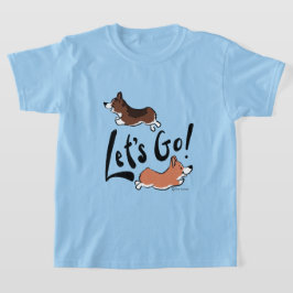 "レッツゴー" かわいいコーギー グラフィック ブルー 子供用 Tシャツ