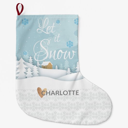 レッツスノーツリーハートスノーフレーク風景 ラージクリスマスストッキング (正面)