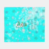 レッツスノーフレークティール(緑がかった色)と雪だるまクリスマス フリースブランケット (正面(横))