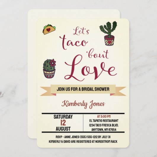 レッツタコブロブラブフィエスタテーマブライダルシャワー 招待状 (正面/裏面)