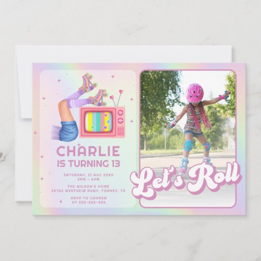 レッツディスコ転がローラスケートで滑る子供の誕生日 招待状 (正面)