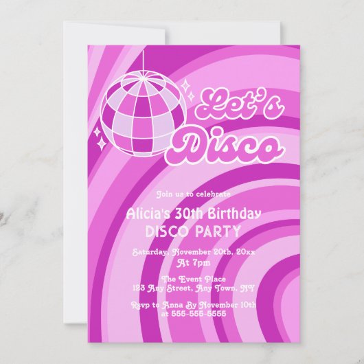 レッツディスコ グルービー ウェーブ レトロ 70年代 パープル 誕生日 招待状 (正面)