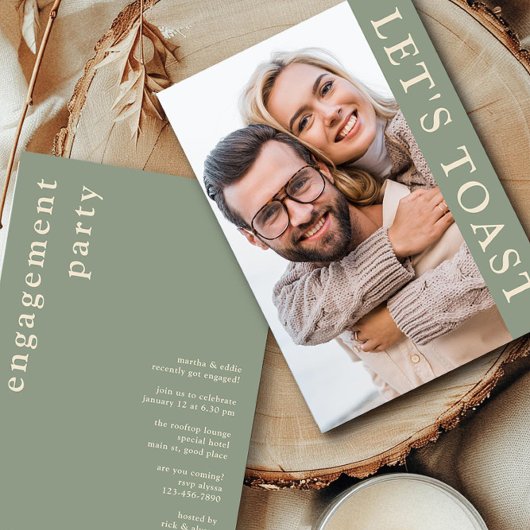 レッツトーストグリーンクリームフォト婚約パーティ 招待状
