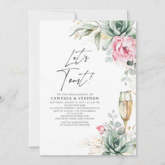 レッツトースト多肉性ピンクフローラ婚約パーティ 招待状 (正面)