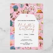 レッツパーティーエイジ誕生日ガーデンフローラピンク 箔招待状 (正面)