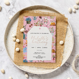 レッツパーティーエイジ誕生日ガーデンフローラピンク 箔招待状