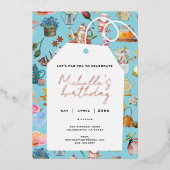 レッツパーティーエイジ誕生日春フローラブルー 箔招待状 (正面)