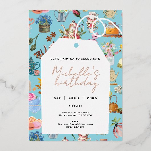 レッツパーティーエイジ誕生日春フローラブルー 箔招待状 (正面)