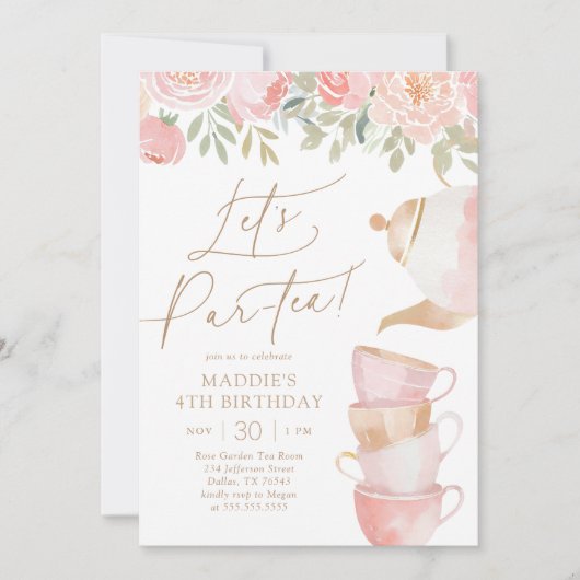 レッツパーティーエレガントフローラ茶パーティー誕生日 招待状 (正面)