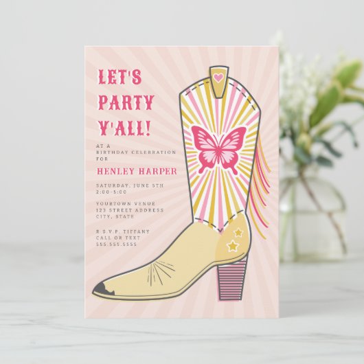 レッツパーティーオールバタフライカウボーイブーツ誕生日 招待状 (スタンド正面)