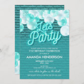レッツパーティーグローティール(緑がかった色)誕生日招待状 招待状 (正面/裏面)