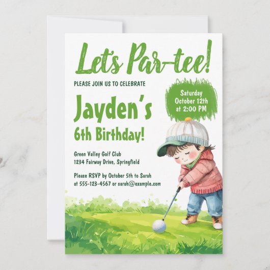 レッツパーティーゴルフをテーマにした水のカラーボーイ誕生日 招待状 (正面)