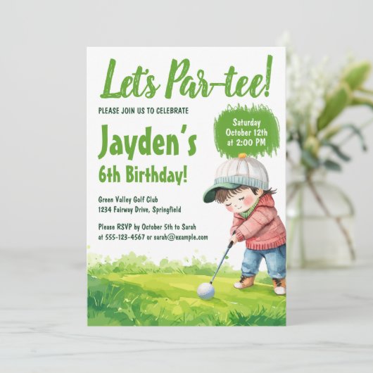 レッツパーティーゴルフをテーマにした水のカラーボーイ誕生日 招待状 (スタンド正面)