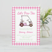 レッツパーティーゴルフピンク女子市松模様に赤ちゃんシャワー 招待状 (スタンド正面)