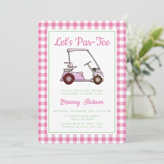 レッツパーティーゴルフピンク女子市松模様に赤ちゃんシャワー 招待状 (スタンド正面)