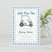 レッツパーティーゴルフブルーボーイベビー市松模様にシャワー 招待状 (スタンド正面)