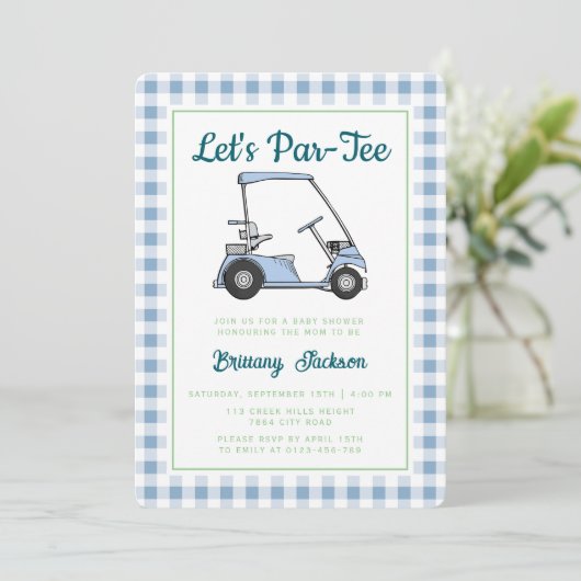 レッツパーティーゴルフブルーボーイベビー市松模様にシャワー 招待状 (スタンド正面)
