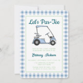 レッツパーティーゴルフブルーボーイベビー市松模様にシャワー 招待状 (正面)