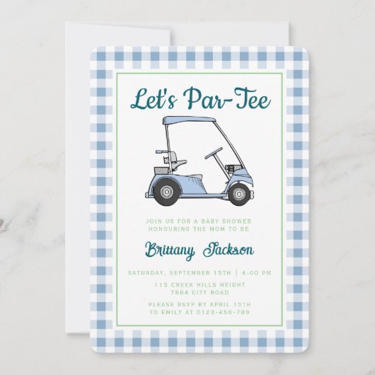 レッツパーティーゴルフブルーボーイベビー市松模様にシャワー 招待状 (正面)