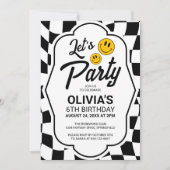 レッツパーティースマイル顔レトロ市松模様に誕生日 招待状 (正面)