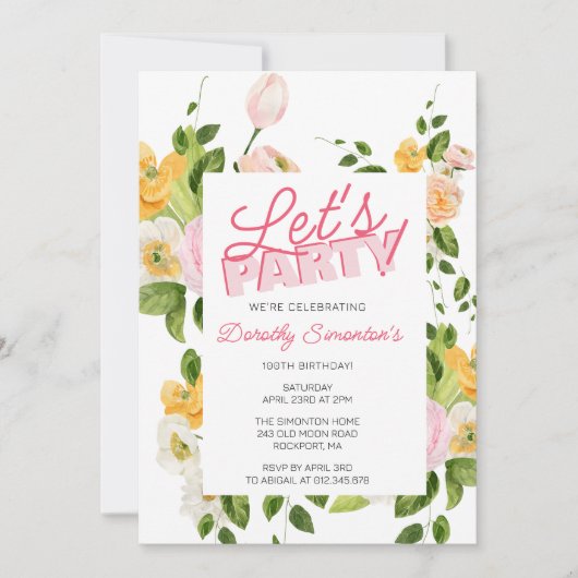 レッツパーティートレンディータイポグラフィ100誕生日 招待状 (正面)