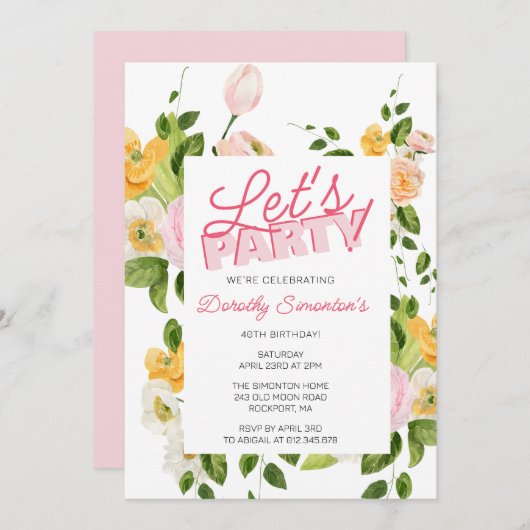 レッツパーティートレンディータイポグラフィ40歳の誕生日 招待状 (正面/裏面)