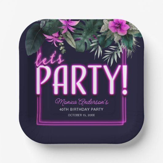 レッツパーティートロピカルピンクネオン誕生日 ペーパープレート (正面)
