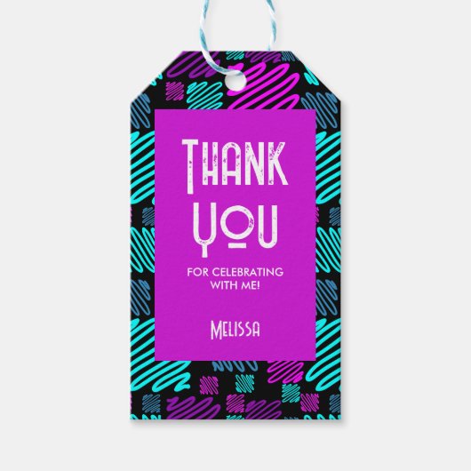 レッツパーティーネオンパープルブルー幾何学感謝 ギフトタグ (正面)