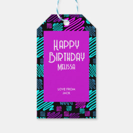 レッツパーティーネオンパープルブルー幾何学的な誕生日 ギフトタグ