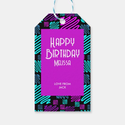 レッツパーティーネオンパープルブルー幾何学誕生日 ギフトタグ (正面)