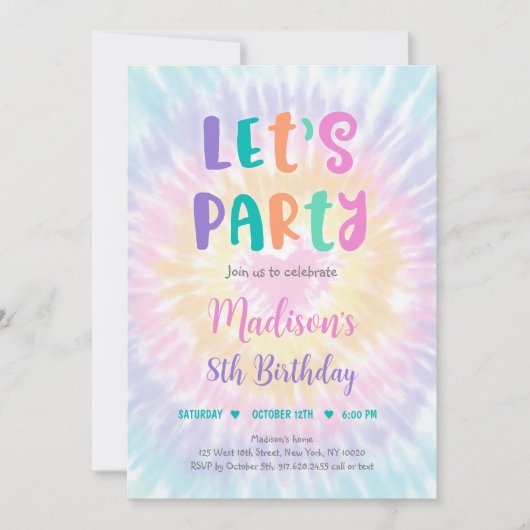 レッツパーティーパステル絞り染めボホヒッピー誕生日 招待状 (正面)