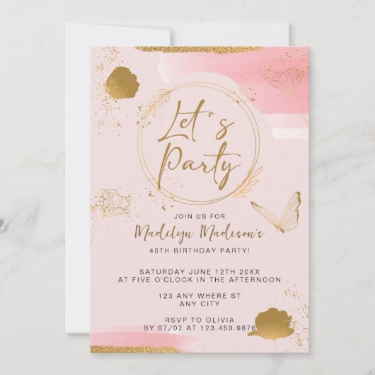 レッツパーティーピンクと金ゴールド誕生日招待状 招待状 (正面)