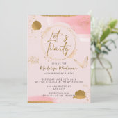 レッツパーティーピンクと金ゴールド誕生日招待状 招待状 (スタンド正面)