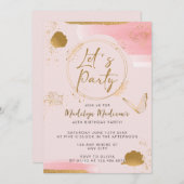 レッツパーティーピンクと金ゴールド誕生日招待状 招待状 (正面/裏面)