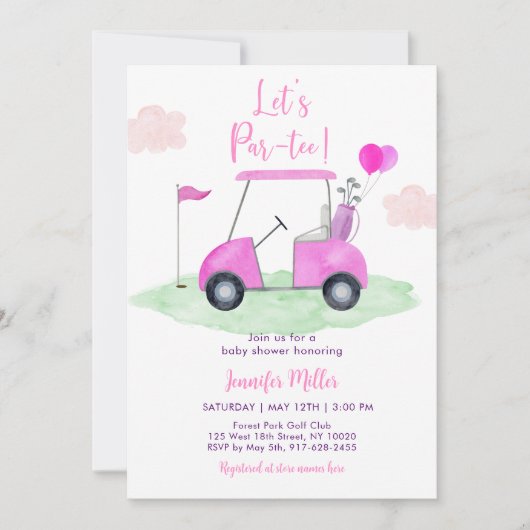 レッツパーティーピンクの女の子ゴルフベビーシャワー 招待状 (正面)