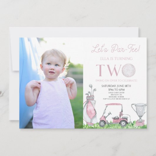 レッツパーティーピンクゴルフ写真2nd誕生日パーティー 招待状 (正面)