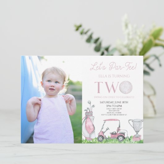 レッツパーティーピンクゴルフ写真2nd誕生日パーティー 招待状 (スタンド正面)