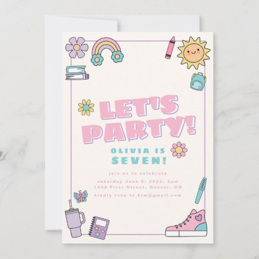 レッツパーティーピンクパープルアイコン誕生日招待状 招待状 (正面)