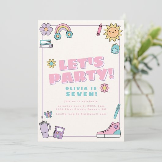 レッツパーティーピンクパープルアイコン誕生日招待状 招待状 (スタンド正面)