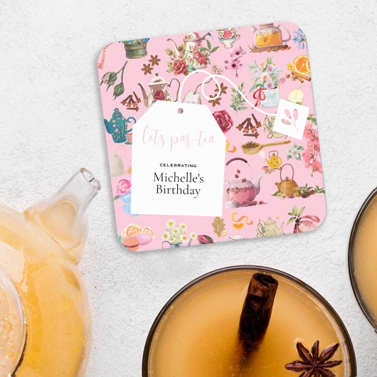 レッツパーティーピンク春フローラ誕生会 スクエアペーパーコースター