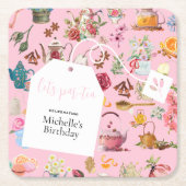 レッツパーティーピンク春フローラ誕生会 スクエアペーパーコースター (正面)