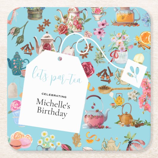 レッツパーティーブルー春フローラ誕生会 スクエアペーパーコースター (正面)