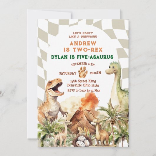 レッツパーティーライク恐竜兄弟姉妹誕生日ヴィンテージ 招待状 (正面)