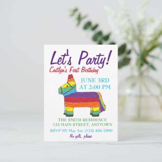 レッツパーティーレインボンドキー誕生日フィエスタピニャータ インビテーションポストカード (スタンド正面)