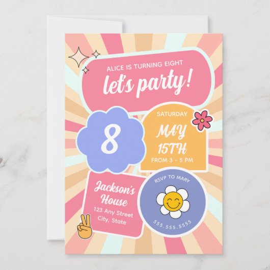 レッツパーティーレトログルーヴィーピンクガール誕生日 招待状 (正面)