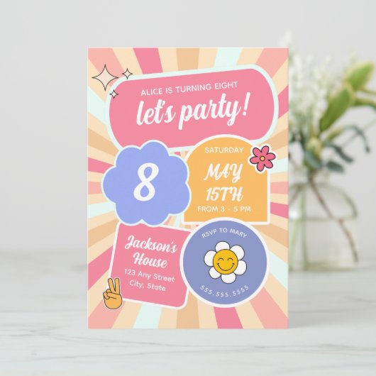 レッツパーティーレトログルーヴィーピンクガール誕生日 招待状 (スタンド正面)